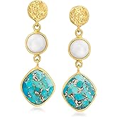 Ross-Simons Turquoise and 7mm Cultured Pearl Drop Earrings in 18kt Gold Over Sterling