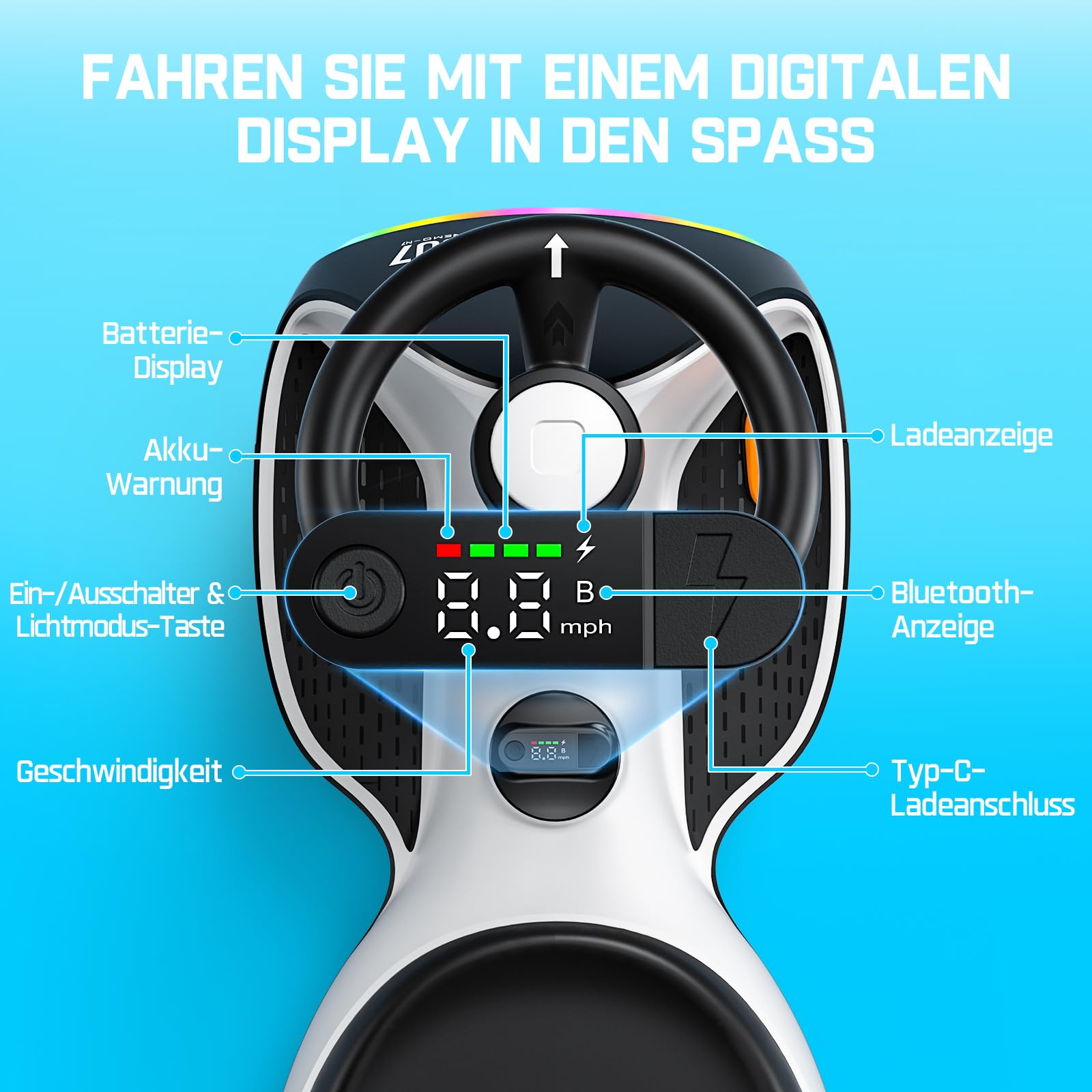 FanttikRide N7 Ultra Elektrisches Kinderauto mit Pedal, Kinder Auto, MagicMute Motor, 2 Geschwindigkeiten, 9 Farbmodi, Digitalanzeige, Bluetooth, für Kinder ab 3 Jahren, 68KG, Pinguin Schwarz 5