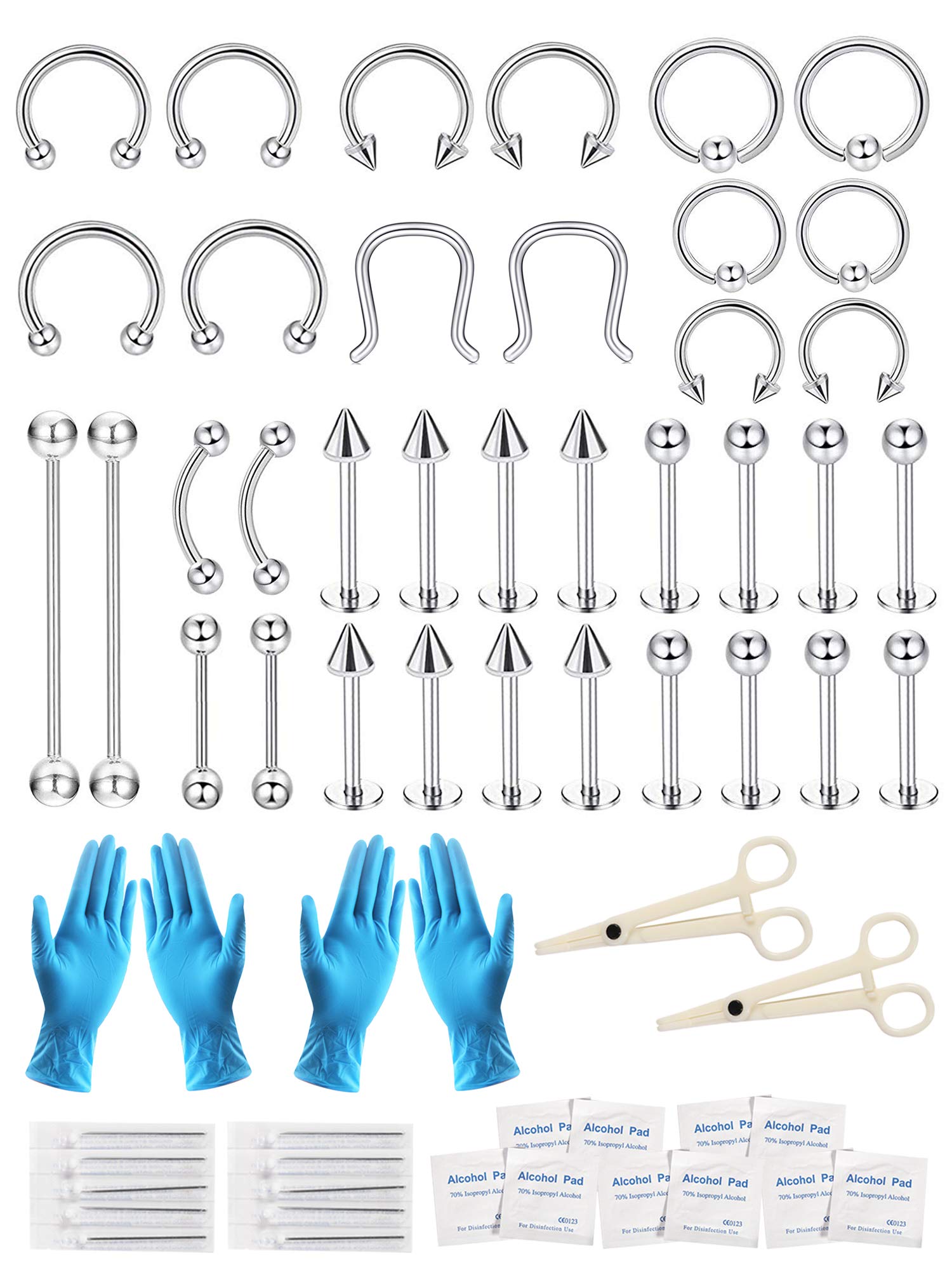 30-36PCS Nose Piercing Kit 16G Professional Piercing Tool Kit Stainless Steel Lip Eyebrow Tragus Nose Ring Body Jewelry for Men/Women (36pcs Silver)