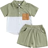 fhutpw Toddler Boy Patchwork Summer Outfits Short Sleeve Button Down Shirt Tops & Casual Shorts Sets Baby 2T 3T 4T 5T Clothes