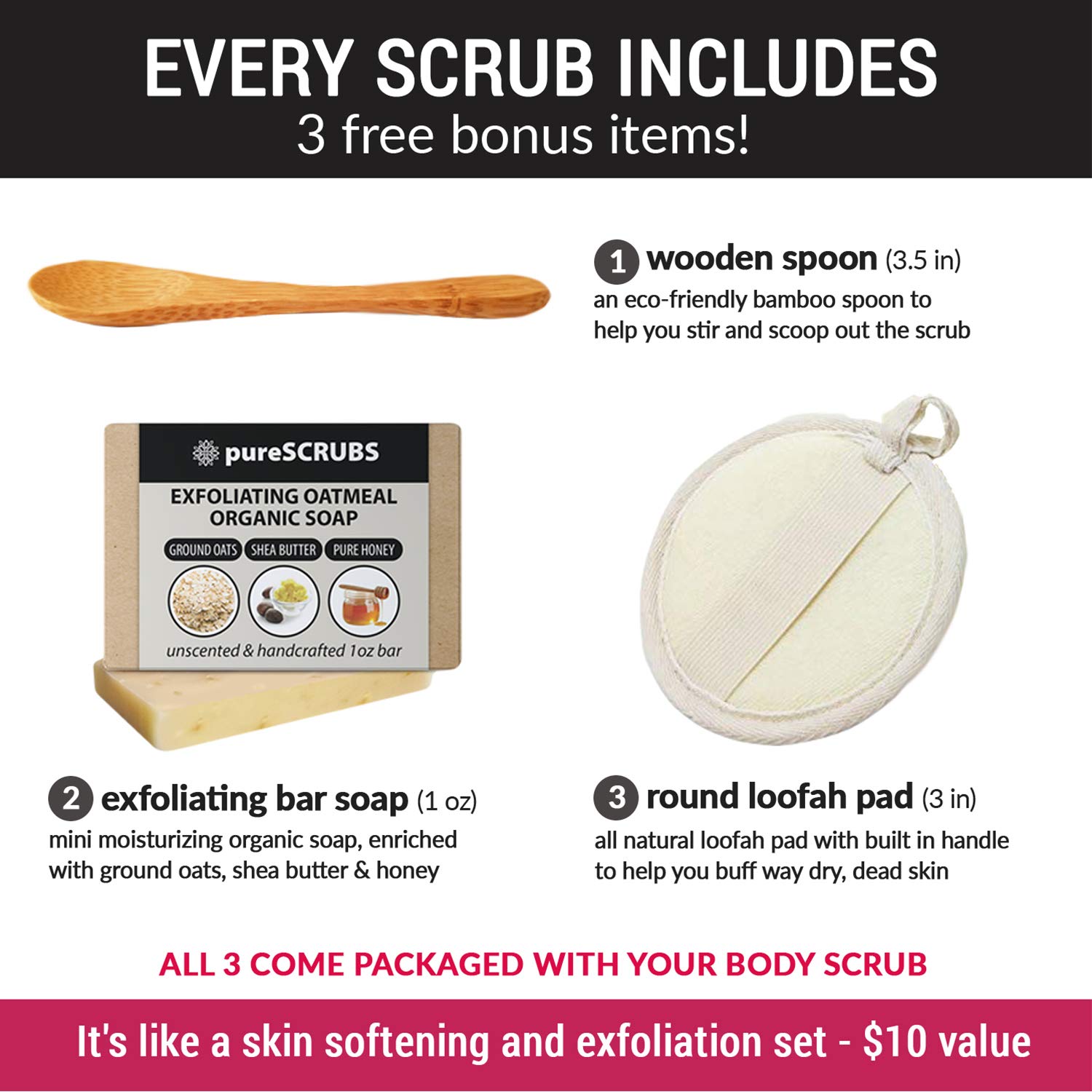 pureSCRUBS Premium Pink Himalayan Salt Body Scrub Set - Lg 16oz LAVENDER SCRUB, Organic Essential Oils & Nutrients INCLUDES Wooden Stirring Spoon, Loofah & Mini Exfoliating Bar : Beauty