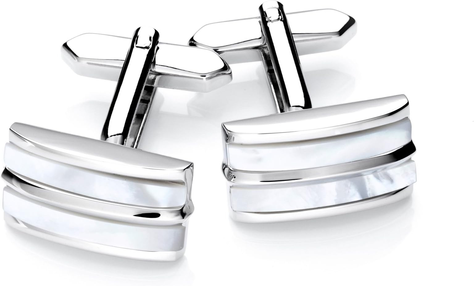 Men's Cuff-Links in Handy Box, Rectangular Design with Mother of-Pearl Inlay in Contrast Colour, Rhodium Plated - Silver/White