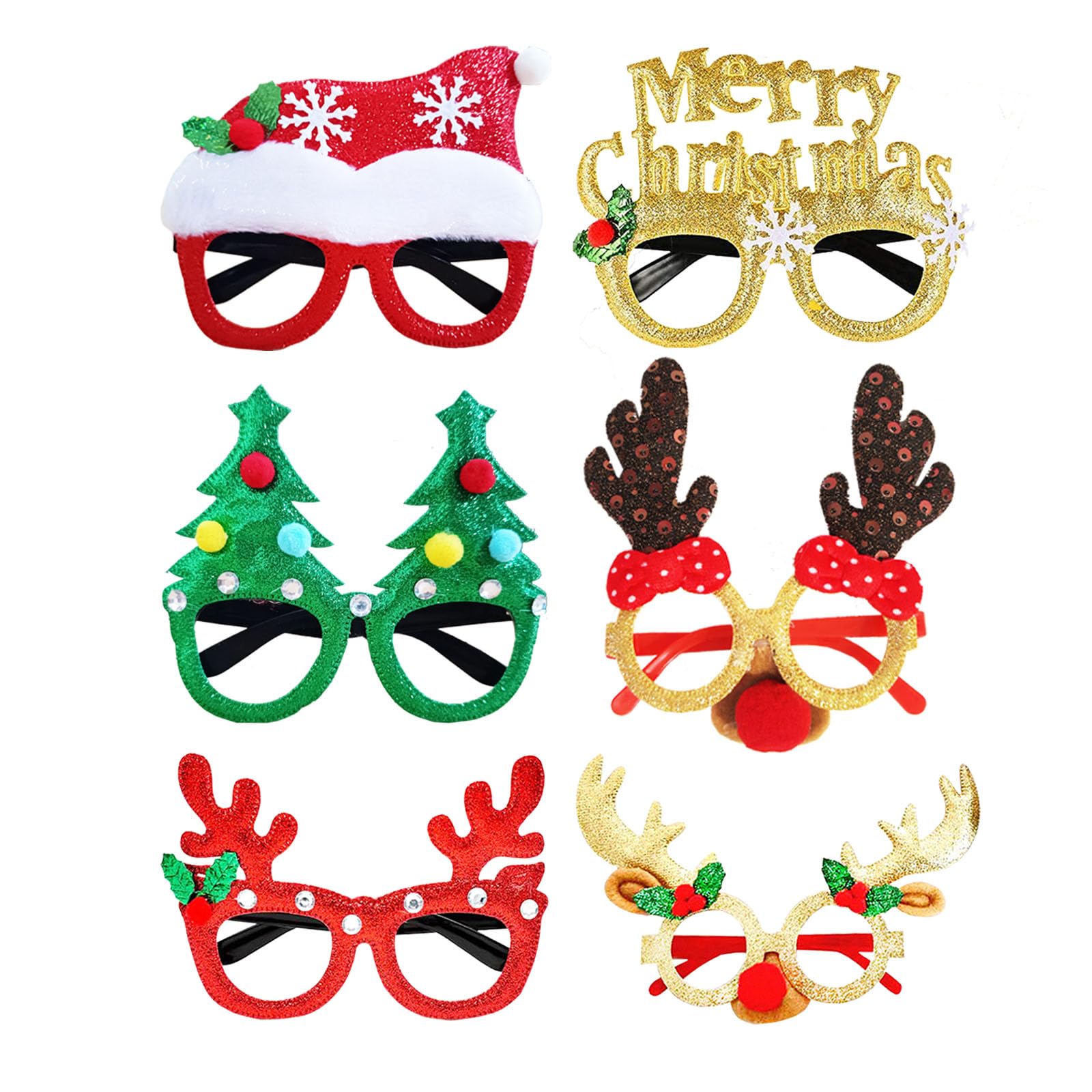 LMSHOWOWO 6 Pieces Christmas Glasses, Glitter Party Glasses Frame, Xmas Novelty Eyeglasses, Fancy Dress Costume Decoration, for Christmas Parties New Year Favors Photo Booth