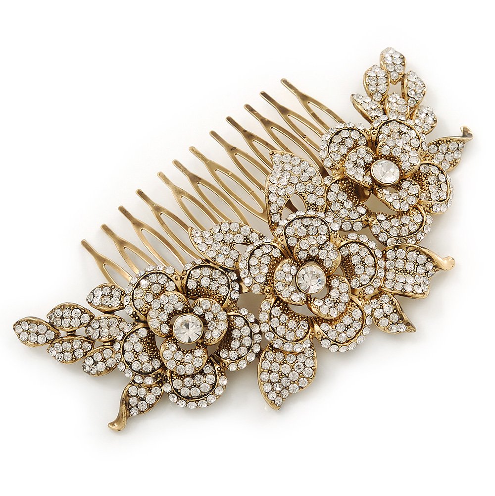 Oversized Bridal/Wedding/Prom/Party Gold Plated Clear Crystal Triple Rose Floral Hair Comb - 110mm