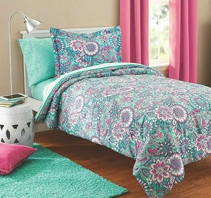 Mainstays Girls 7 Pcs Tween Mint Green And Pink Floral Medallion