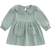 VISGOGO Toddler Baby Girl Dress Linen Long Sleeve Solid Color Girls 12 18M 2T 3T 4T 5T Dresses with Pocket for Fall Spring