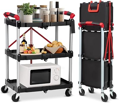 Towallmark 3-Tier Collapsible Service Cart, 168 lbs Load Capacity, Black