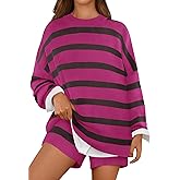 MEROKEETY Women's 2 Piece Sweater Lounge Sets Striped Long Sleeve Shorts Oversized Matching Outfits