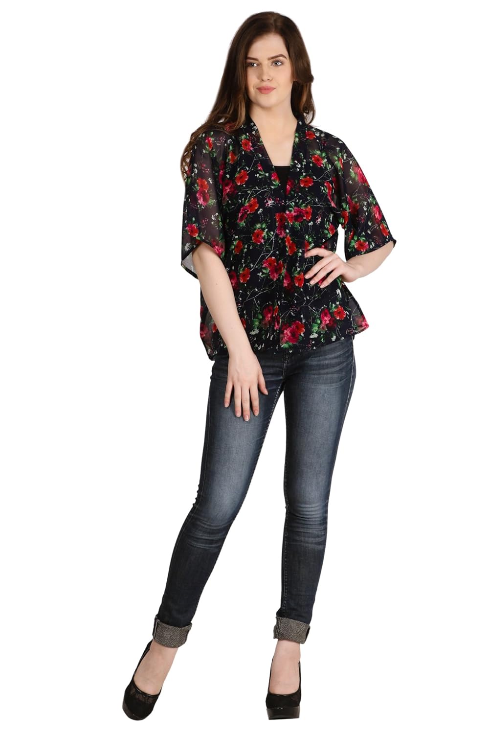 modish vogue women's flower printed black red shrug