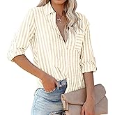 R.Vivimos Women's Fall Cotton Long Sleeves Roll Up Striped Casual V Neck Button Down Shirts Blouses