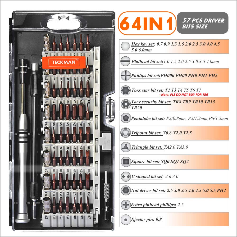 TECKMAN Precision Screwdriver Set, 64 in 1 Small Torx Phillips Pentalobe Tripoint Screwdriver Magnetic Bit Set for iPhone 8,7,Macbook,Xbox,PS3,PS4,Eyeglasses &Watches, Electronics Repair Tool Kit
