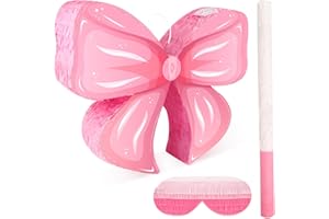Hooqict Pink Bow Pinata with Blindfold and Bat Stick Pink Girls Pinata for Birthday Party Girls Kids Bow Birthday Party Suppl