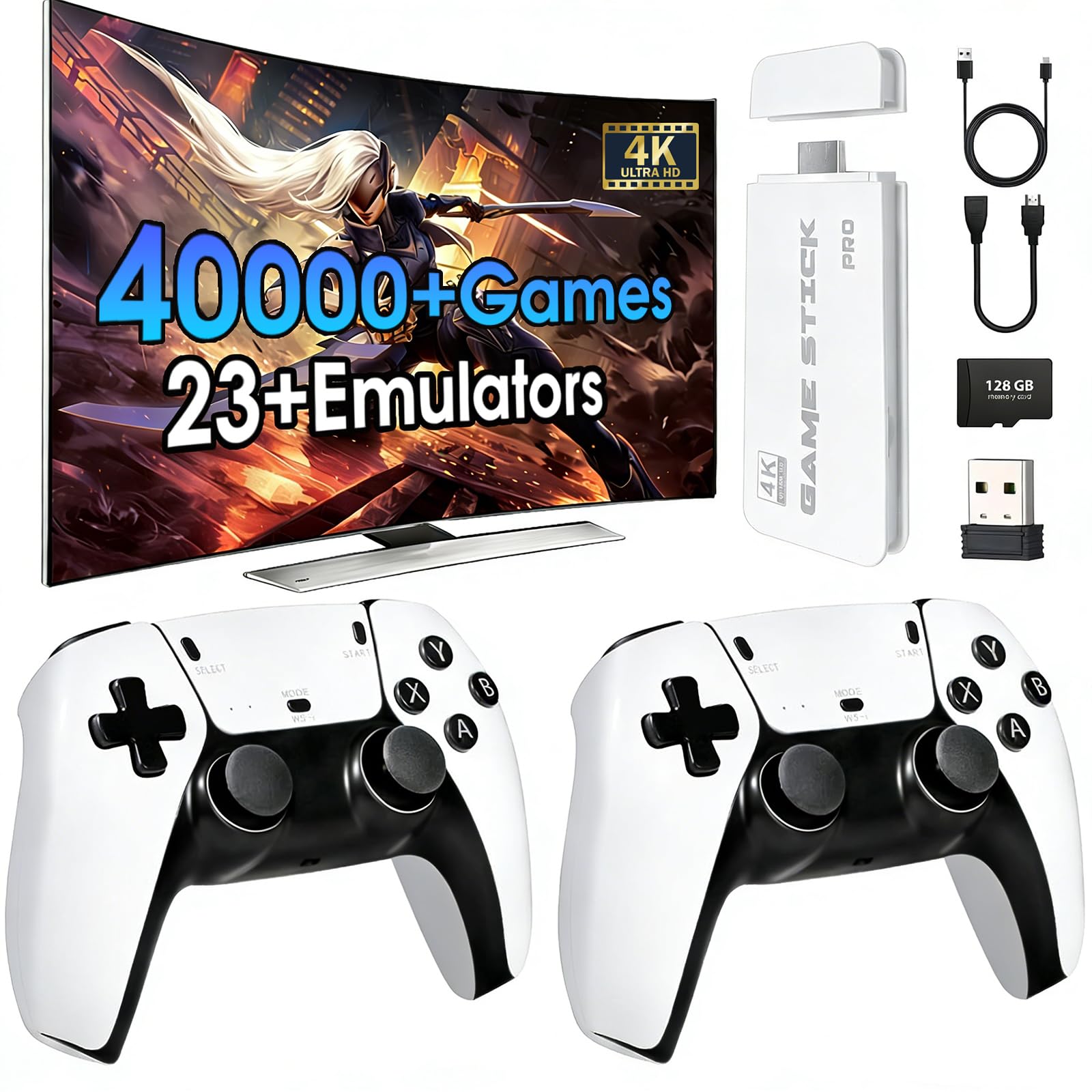 Photo 1 of 2025New Retro Game Console,40000+Games and 23 Emulators, with Dual 2.4G Wireless Controllers, Plug and Play 4K HD HDMI TV Game Stick White