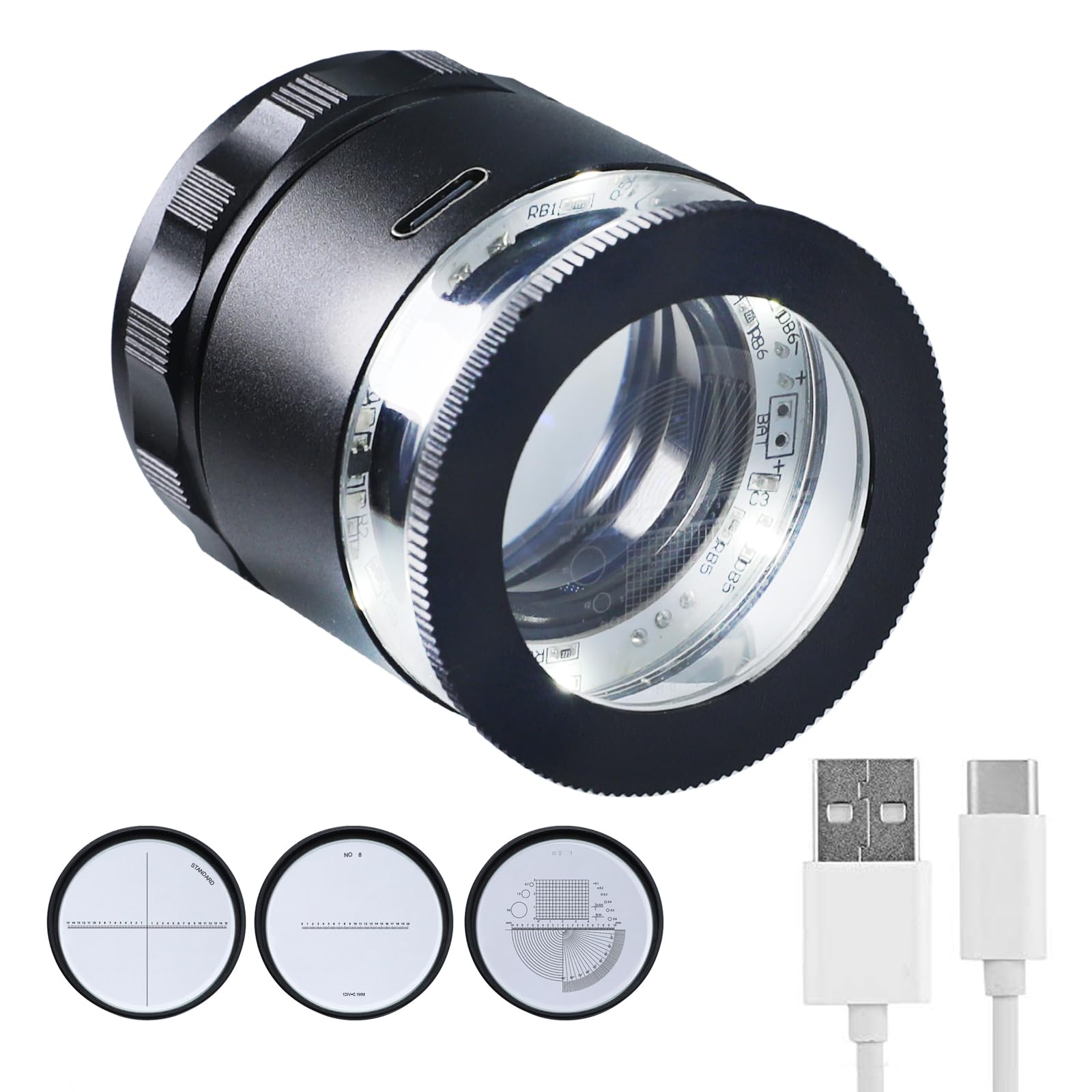 Photo 1 of 10X Rechargeable Jewelers Loupe with LED Lights and 3 Reticle Scales, 25 mm Field of View, Adjustable Focal Length Loupe Magnifier Jewelry Magnifying Glass for Gems, Coins, Watch, Stamps, Plants