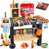KIZONLY Kids Play Kitchen Toys - Updated Version Kids BBQ Grill Playset | 2-Layer Toy Barbecue Kitchen with Wheels Smoke Sound Light, Outdoor Cooking Toys Birthday Gift for Girls Boy