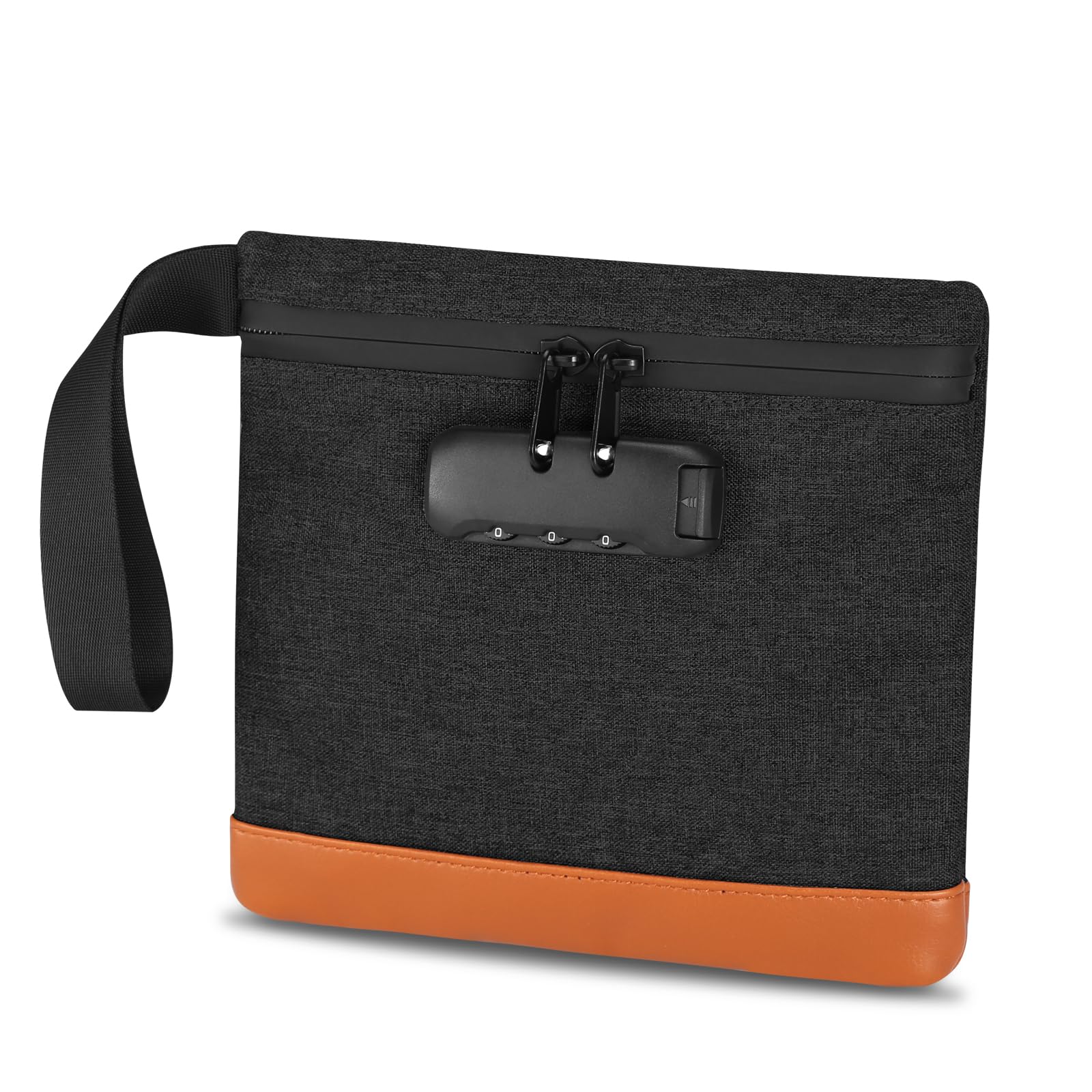 ORIA Money Bag with Combination Lock, 7.9x7.4 Inches Lockable Bag with Zipper, PU Leather Travel Organizer for Cash, Phone, Wallet, Passport, Jewelry - Black