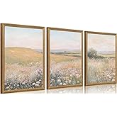 Framed 3Pcs FloralLandscape Canvas Wall Art French Country Painting Picture Wall Decor Vintage Country Wildflower Print Farmhouse Poster Artwork for Living Room Bedroom Home Decoration