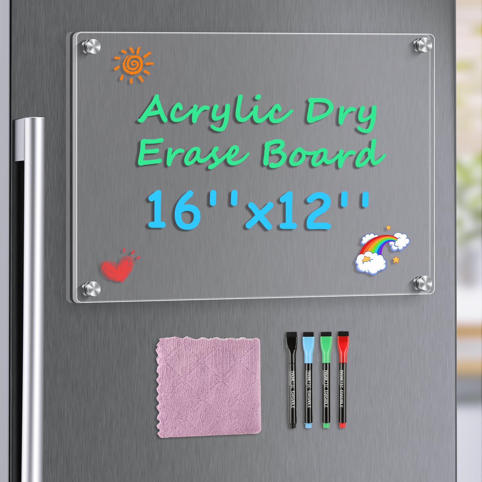 Photo 1 of MaxGear 16"x12" Acrylic Dry Erase Board, Clear Magnetic Fridge WhiteBoard Mini Acrylic Memo Notepad for Refridgerator, Kitchen Menu Board Meal Schedule Planner, Include 4 Markers, 1 Cloth