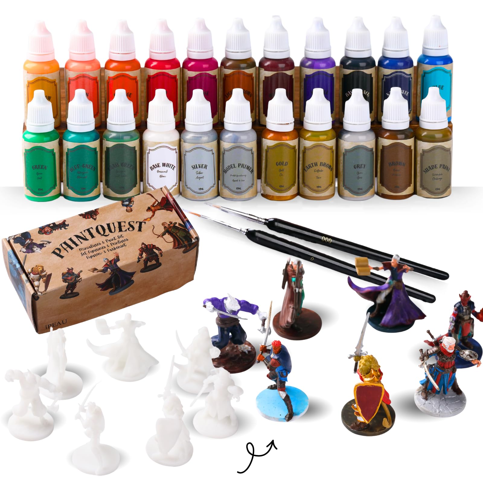 iPEAU Acrylic Miniature Paint Kit-22 Waterbase Model Paint Beginner Set incl Metallic Gold&Silver Shade Brush-On Primer for DND War Hammer40K-Starter Painting Gift with 7 TTRPG Adventure Figures — image 1