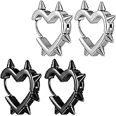 2 Pairs of Spike Earrings for Women, Stainless Steel Hoop Spike Heart Earring, Silver and Black Punk Gothic Earrings for Women Men