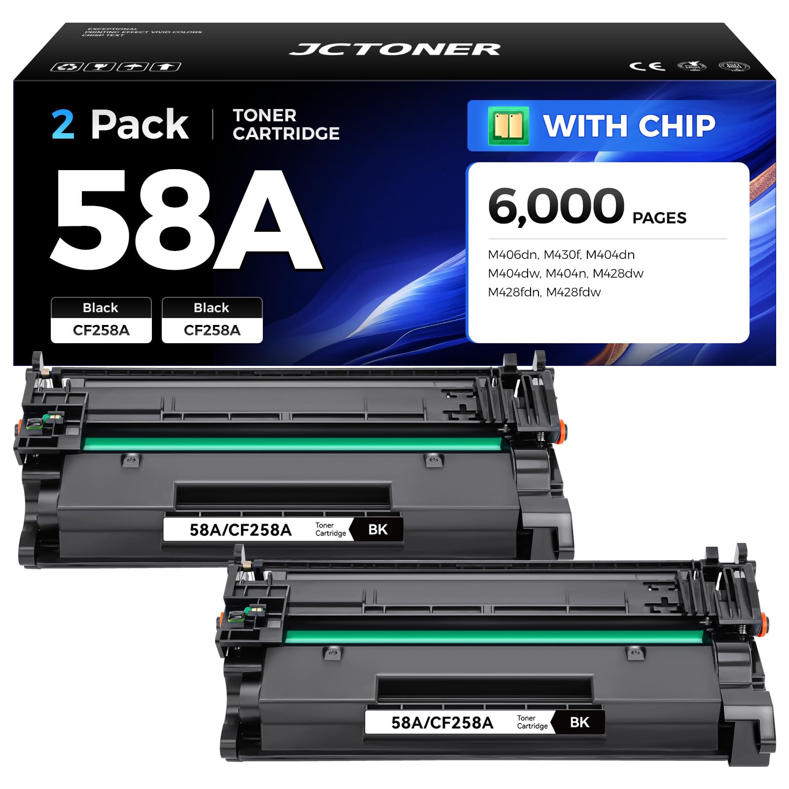 Photo 1 of 58A Black Toner Cartridge 2-Pack with chip High Yield Replacement for HP 58A CF258A Compatible with HP LaserJet Pro MFP M428dw M428fdn M428fdw M404dn M404dw M404n Enterprise M430f M406dn Printer Ink