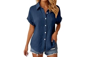 Linen Shirt Women Button Down Short Sleeve Shirts V-Neck Roll up Cotton Casual Summer Loose Work Beach Tops Blouse
