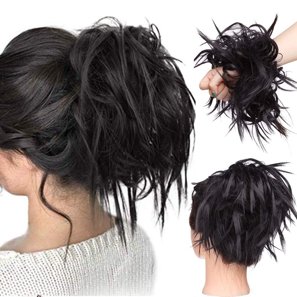 Tousled Updo Messy Bun Hair Extension Instant Ponytail With Elastic Rubber Band Updo Chignon Donut Scrunchies Extensions Hairpiece Synthetic Wavy Hair for Women Dark Brown