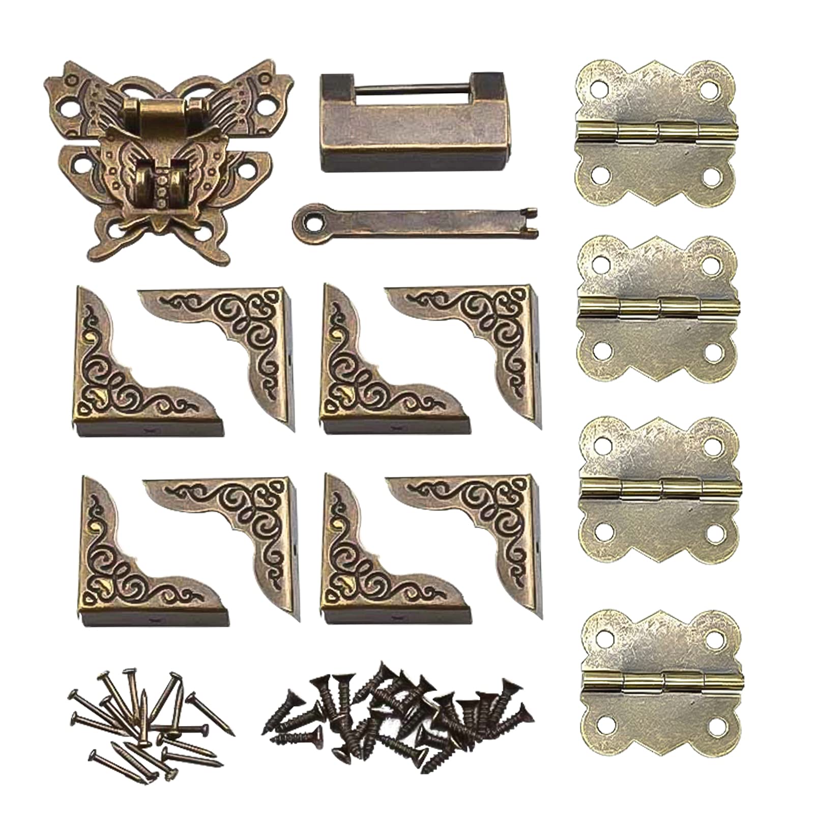 Morobor Antique Bronze Butterfly Hasp Latch Vintage Padlock Box, Padlock with Key, Vintage Engraved Hinge and Bronze Box Corner Protectors with Matching Screws for Repair and Decorate Jewelry Box