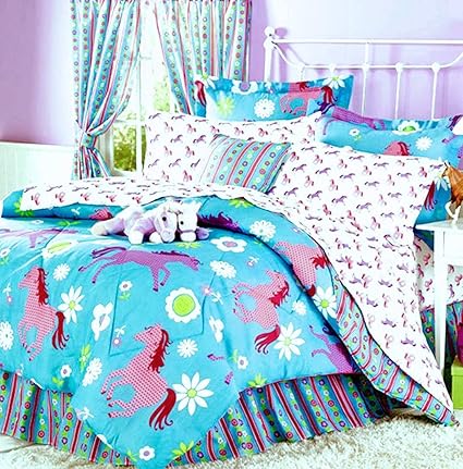 Amazon Com Girls Turquoise Blue Pink Pony Horse Comforter Set W