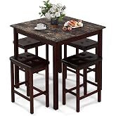 GIANTEX Dining Table Set for 4, Kitchen Table Chairs Set of 4, Counter Height Dining Table Set with 4 Bar Stools, Space-Saving Dinette Table Set for Small Place, Breakfast Nook Table Set (Brown)