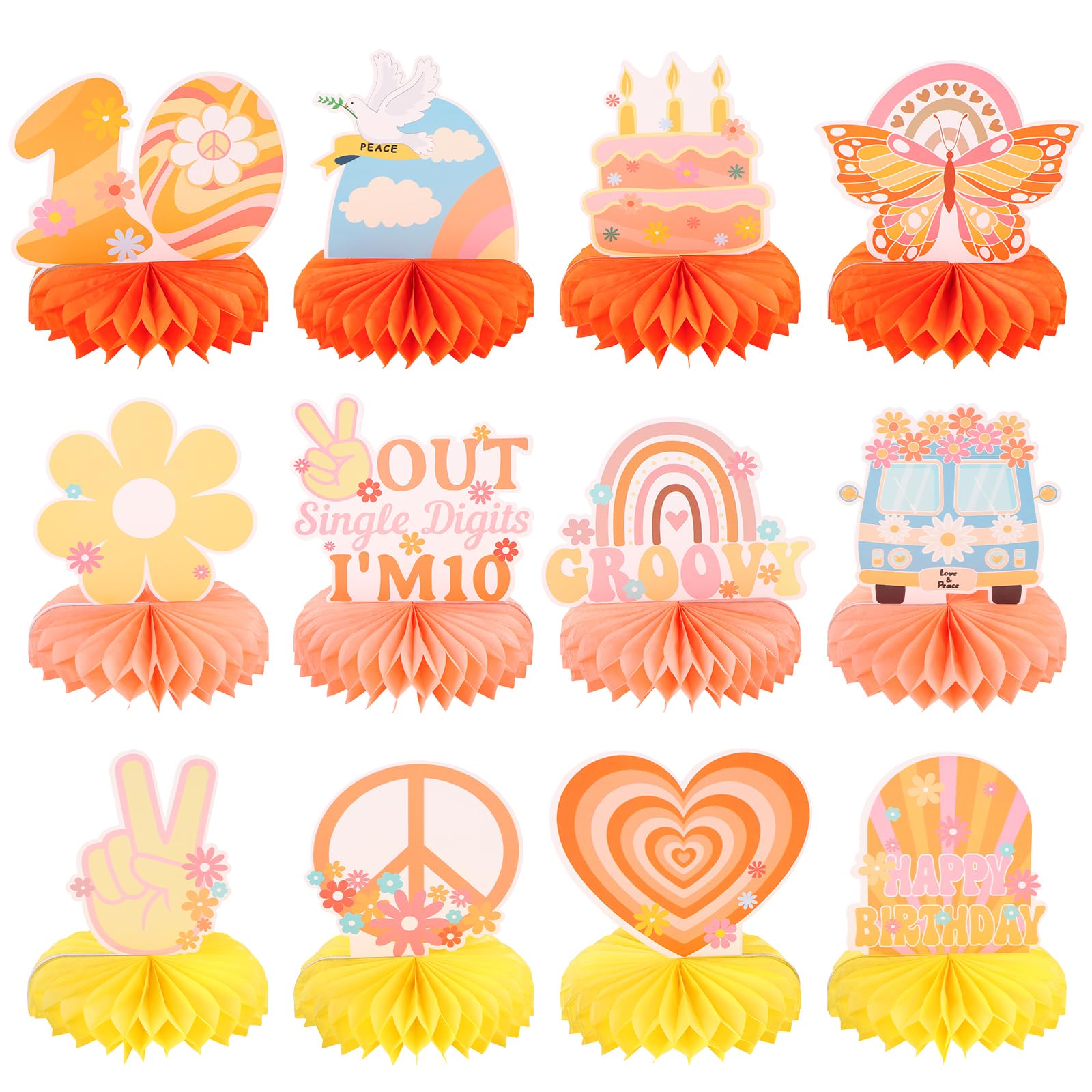12pcs Groovy Hippie 10th Birthday Honeycomb Centerpieces Retro Boho Party Decorations Rainbow Daisy Butterfly Peace Table Topper Sign Decorations Teens Hippie Carnival Party Tabletop Centerpieces