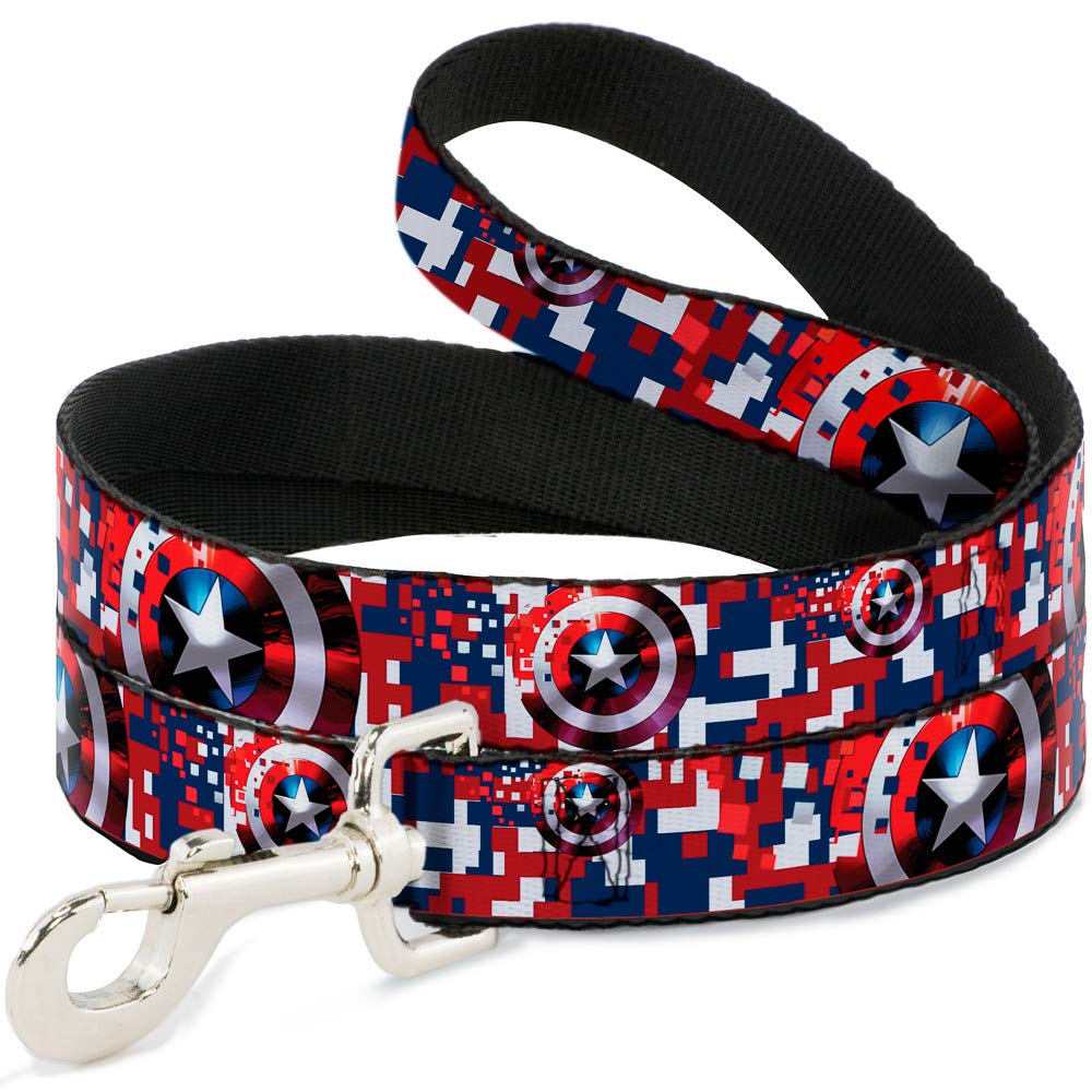 Buckle-Down Dog Leash Captain America Shield Digital Camo Blue White Red 6 Feet Long 1.5 Inch Wide, Multi Color (DL-WCA041-1.5-6FT)