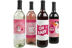 BIG DOT OF HAPPINESS Girl Special Delivery - Pink It's A Girl Stork Baby Shower Decorations for Women and Men - Wine Bottle Label Stickers - Set of 4