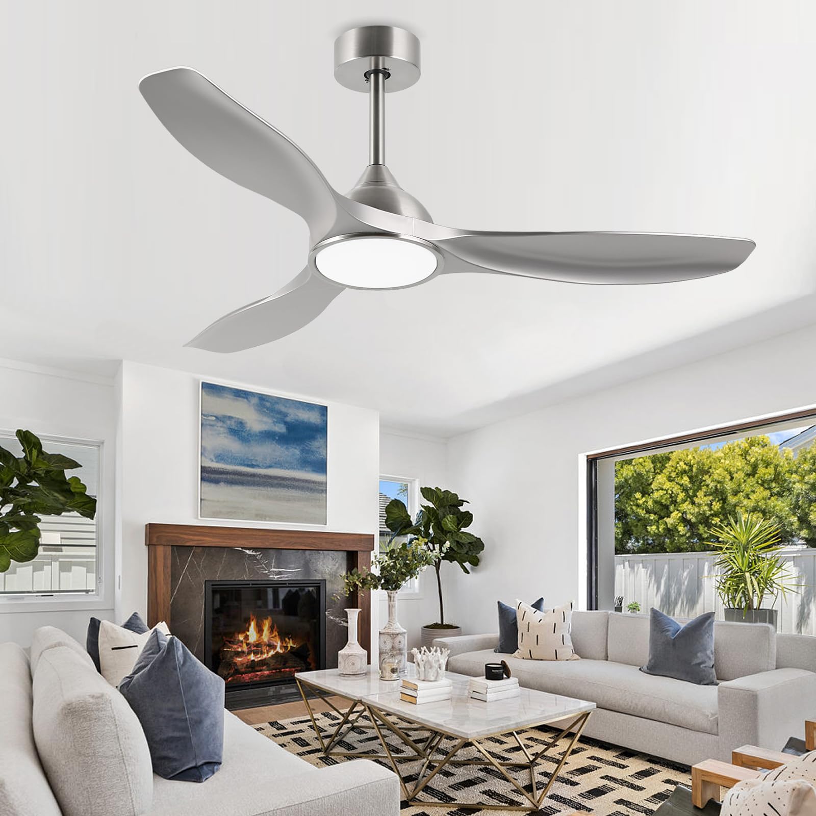 52 Inch Quiet DC Motor 6 Speed High CFM Modern Ceiling Fan with Lights Remote Control, 3 Blade Indoor Silver Ceiling Fan for Bedroom, Office, Living Room