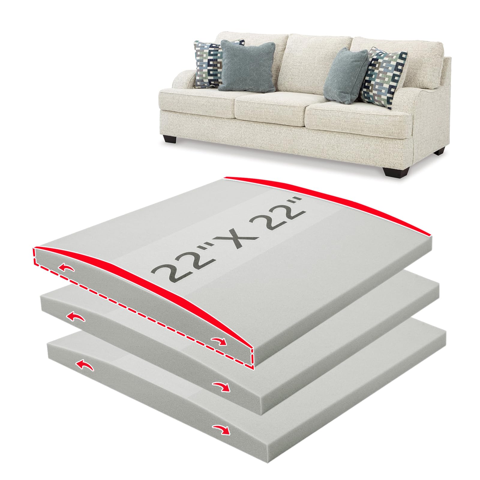 Photo 1 of HAVARGO Couch Cushion Support High Density Foam 22X22X2.4 Inches Sofa Couch Supports for Sagging Cushions Light Grey 3Pc with Anti Slip Mesh Fabric
