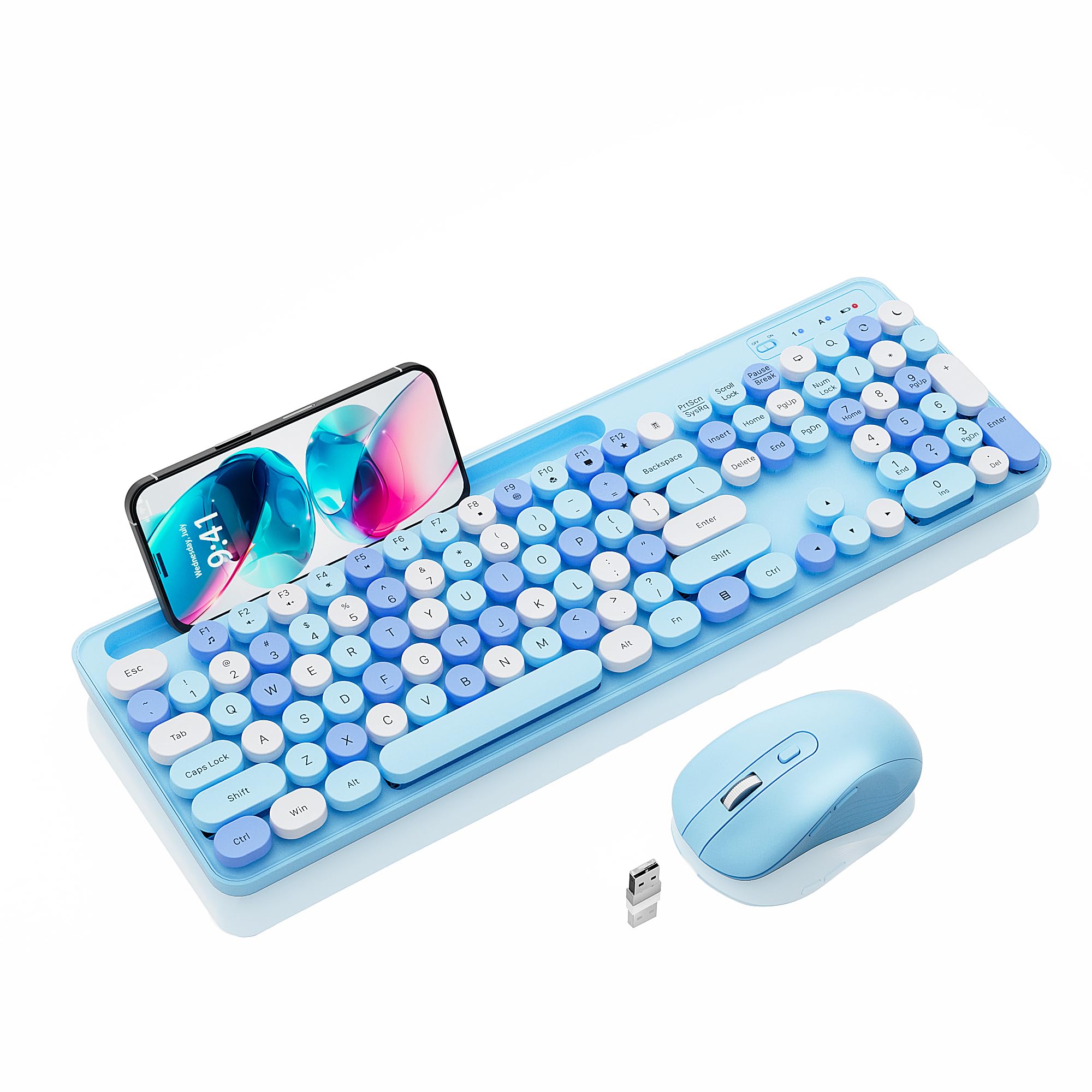 Photo 1 of Wireless Keyboard and Mouse Combo with Round Keycaps, Retro Typewriter Keyboard with Phone/Tablet Holder, Colorful 2.4G Full Size Keyboard, Soft Click, Auto Sleep, for Windows/Computer/Laptop/PC, Blue
