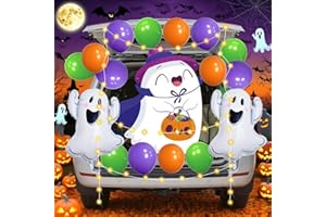 HABDJILTY Halloween Ghost Trunk or Treat Car Decorations Kit, Halloween White Ghost Trunk Decoration with Lights and Balloons Outdoor for SUV Car Garage Door Archway House Party Decors Supplies