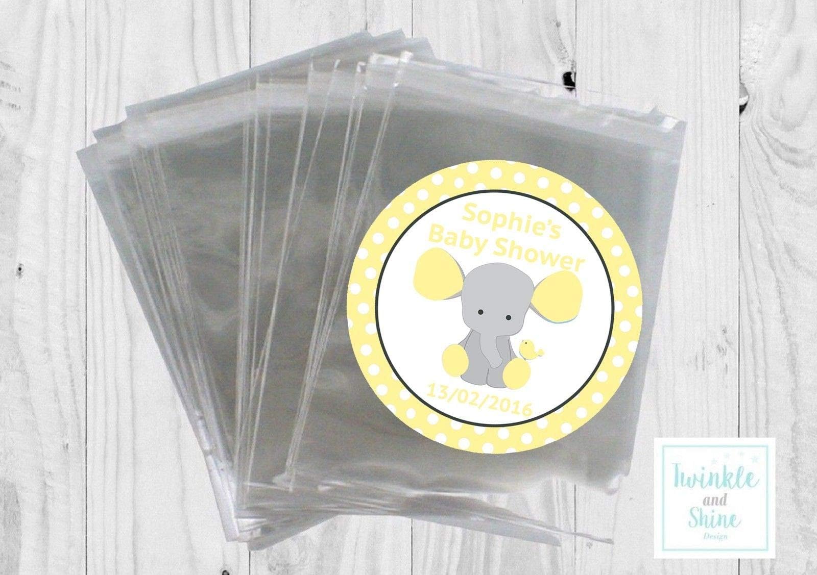 Personalised Yellow Elephant Baby Shower Favour Bags & Stickers Favour Kit - Pack of 12 | Baby Shower Sweet Bags