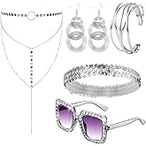 Kigeli 5 Pcs 70s Disco Accessories Cuff Bracelet Swirl Disco Earrings Sunglasses Layered Choker Necklace Sequin Headband