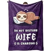 Leebbsin Funny Gifts for Wife Valentines Day, Anniversary Wedding Gifts for Wife, Wifey is Charging Sloth Blanket, Birthday Gift for Wifey from Husband, Gift for Her Christmas 60" x 50", Purple