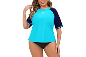 Halcurt Women's Plus Size Rash Guard Short Sleeve Swim Shirts Loose Fit UPF50+ Sun Protection Swimsuit Top Only