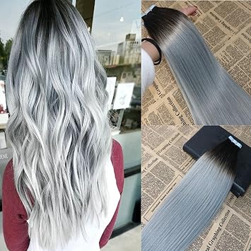 Amazon Com 18 20pcs 50g Silver Ombre Tape In Hair Extensions