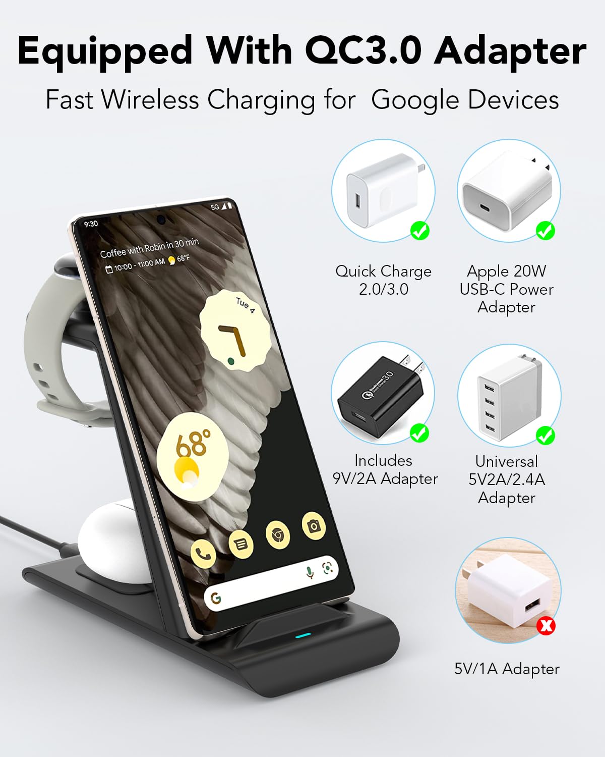 Upgraded 3 in 1 Wireless Charger for Google Pixel Watch 3/2, for Pixel 10/10 Pro/10 Pro XL/9 Pro/9/Fold/8,Pixel Buds Pro 2/Pro,Wireless Charging Station for Multiple Devices (Not for Pixel Watch 4/1)