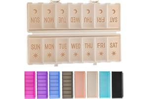 AOZITA Foldable Pill Organizer 2 Times a Day w/Etched Labels -Dual Protection & Portable Weekly AM PM Pill Box, 7 Day Medicine Container, Large Travel Pill Case for Week Daily Supplement Vitamin - Khaki