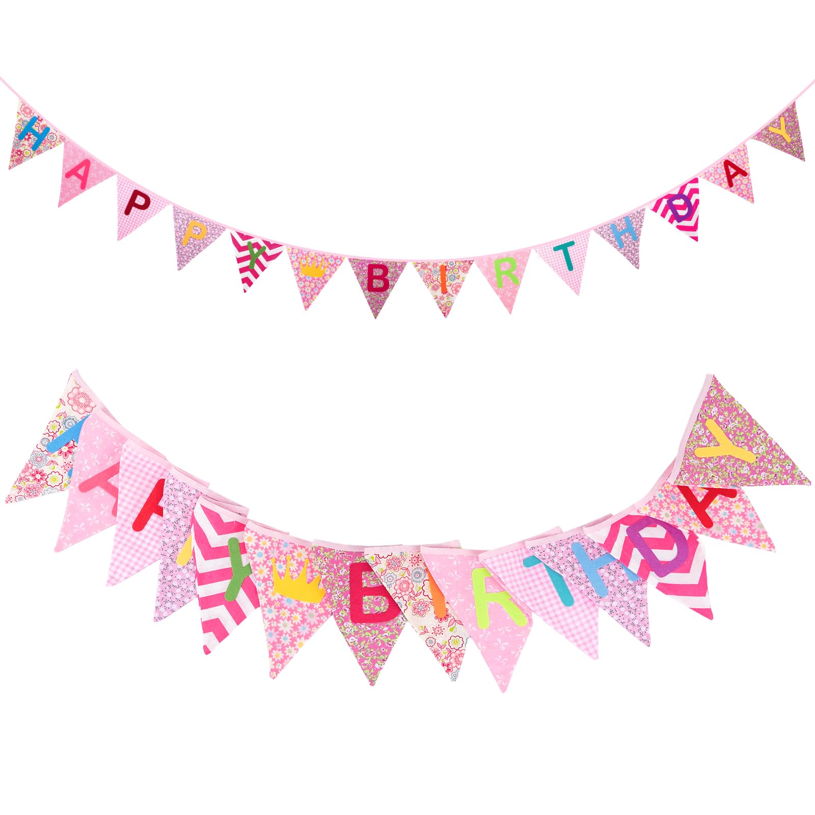 G2PLUS Happy Birthday Fabric Banner, 3.3M Double Sided Floral Triangle Bunting with 12PCS Floral Pennants for Brithday Party Bedroom Decorations