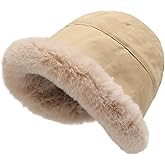 ZLYC Women Winter Furry Bucket Hat Rolled Brim Faux Fur Cloche Hat with Fleece Lining