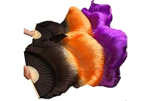 WEISIPU 1 Pair Women Real Silk Belly Dance Fan Veils - Handmade Long Bamboo Fans for Professional Dancing 180cm * 90cm (Left+Right)