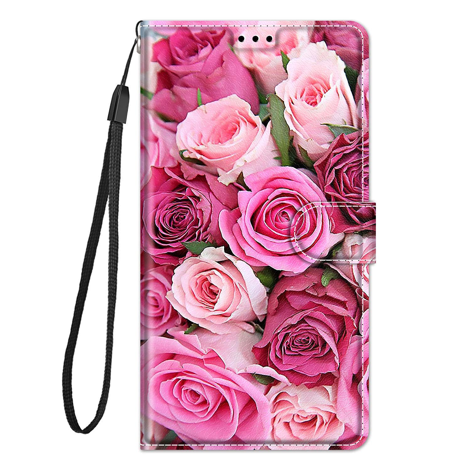 Guxira Wallet Case for iPhone 13 - Silicone Leather Protective Flip Case With Lanyard, Card Slots, Magnetic Closure - Cute Shockproof - Rose — image 1
