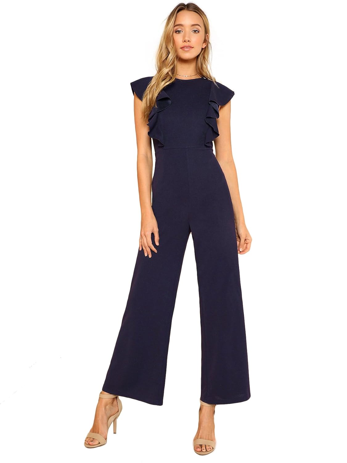 Image result for Romwe Women's Sexy Casual Sleeveless Ruffle Trim Wide Leg High Waist Long Jumpsuit