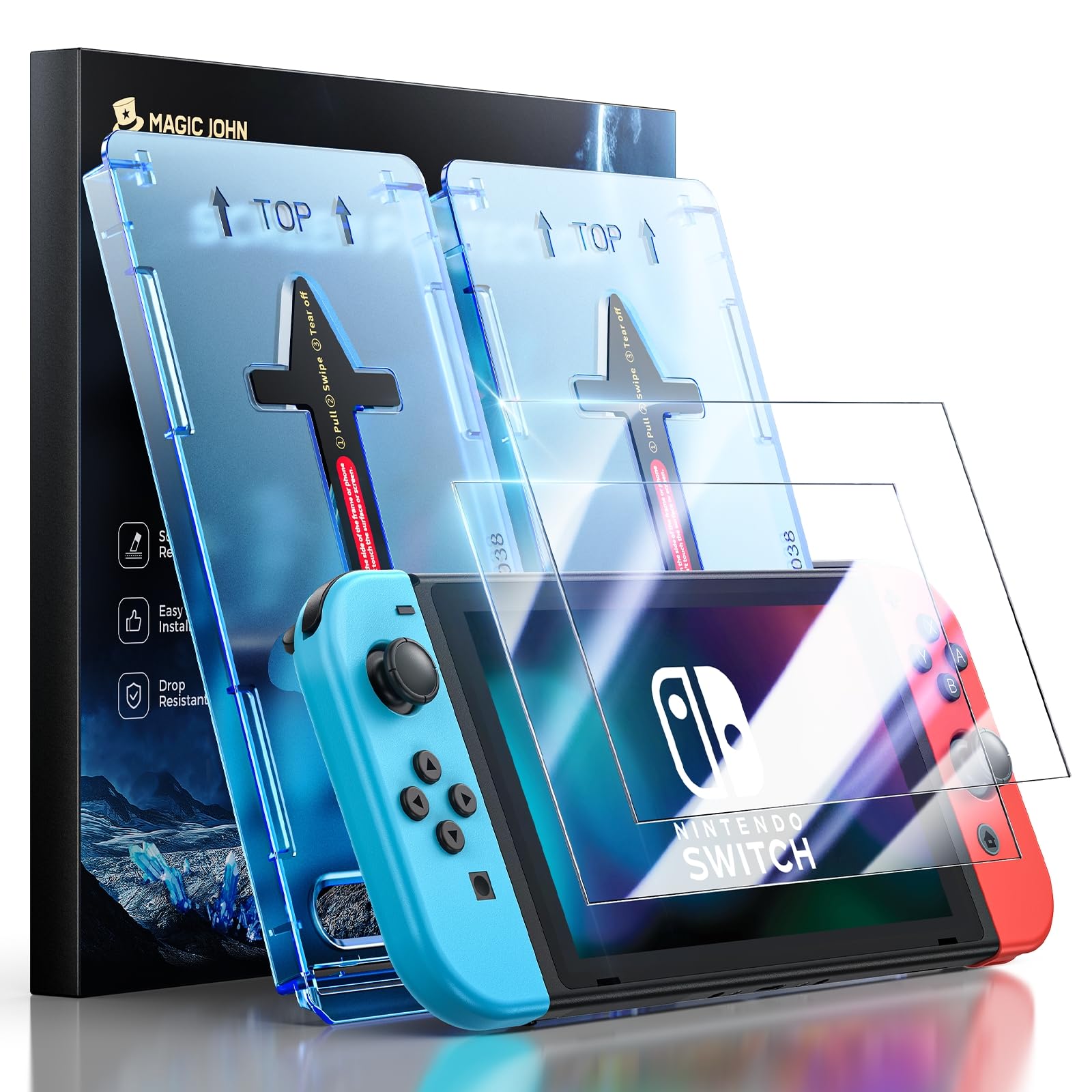MAGIC JOHN 2-Pack Screen Protector for Nintendo Switch (2017, 6.2") Eye Protection, Blue Light Blocking, HD Clear, Automatic Dust Removal, 9H Tempered Glass for Nintendo Switch